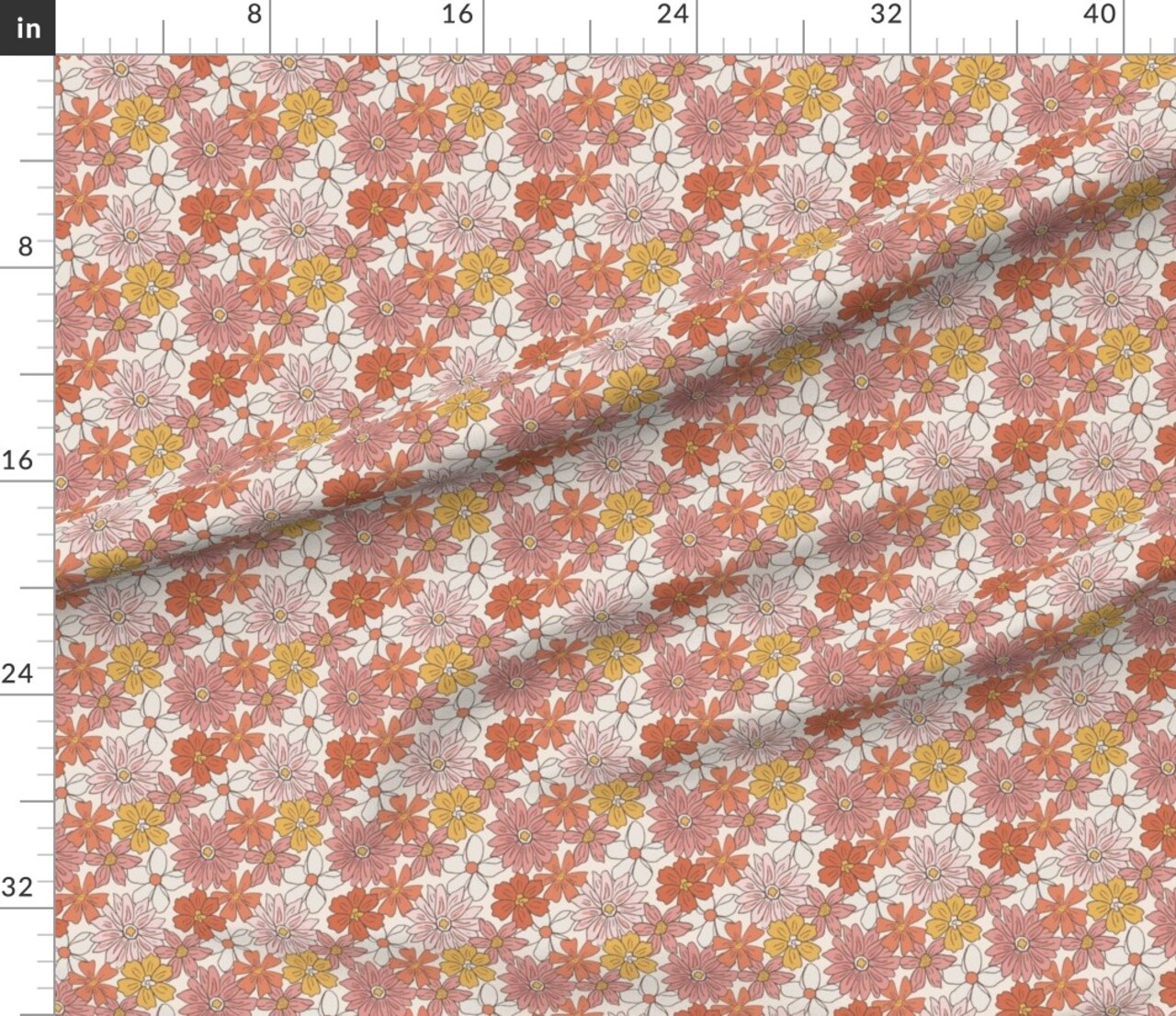 70S Floral Retro Botanical Vintage Flowers Pink Yellow Whimsical Custom Printed Fabric by Spoonflower Various Fabrics by the Yard or Fat Quarter